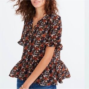 Madewell 100% silk Studio Ruffle-Hem Top Blossoms Floral Print Size Small